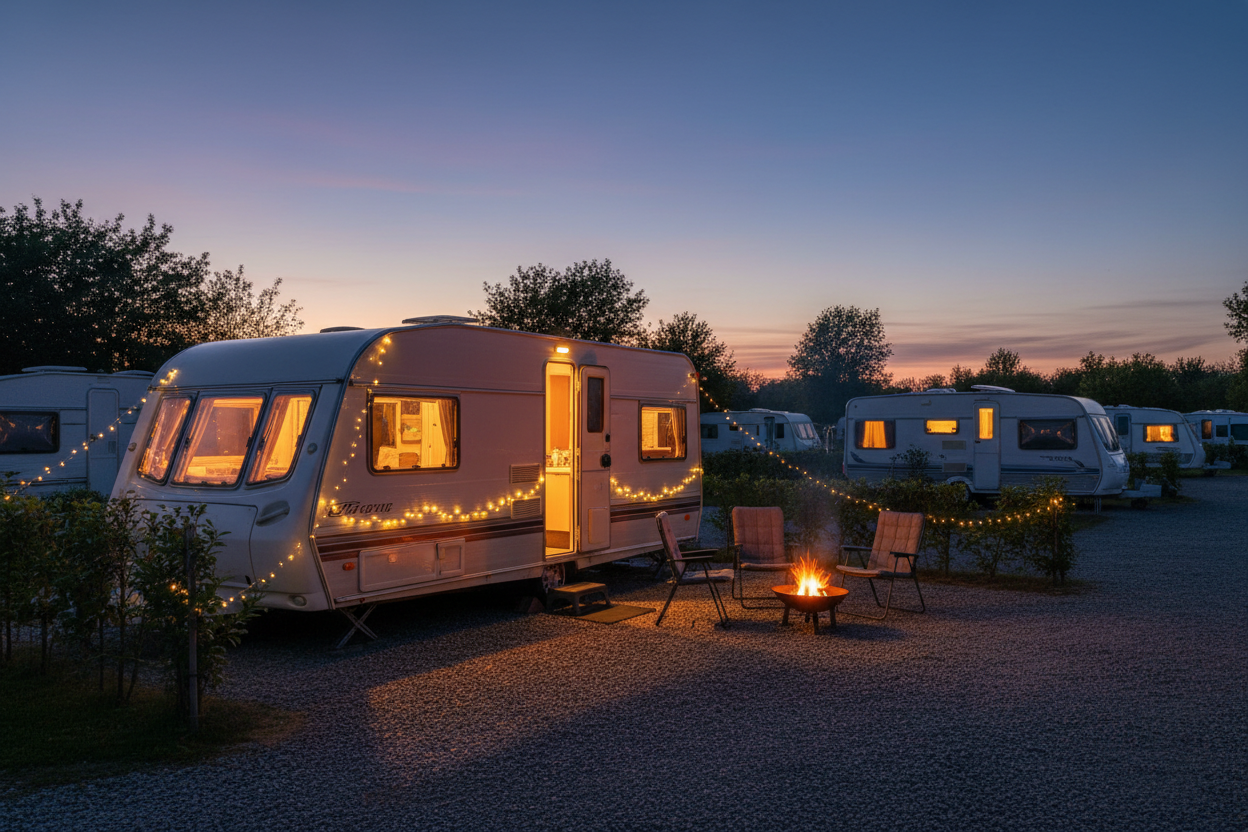 caravan in caravan park with lights