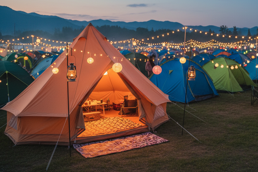 a camping tent in a crowded camp site with lights