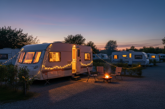caravan in caravan park with lights